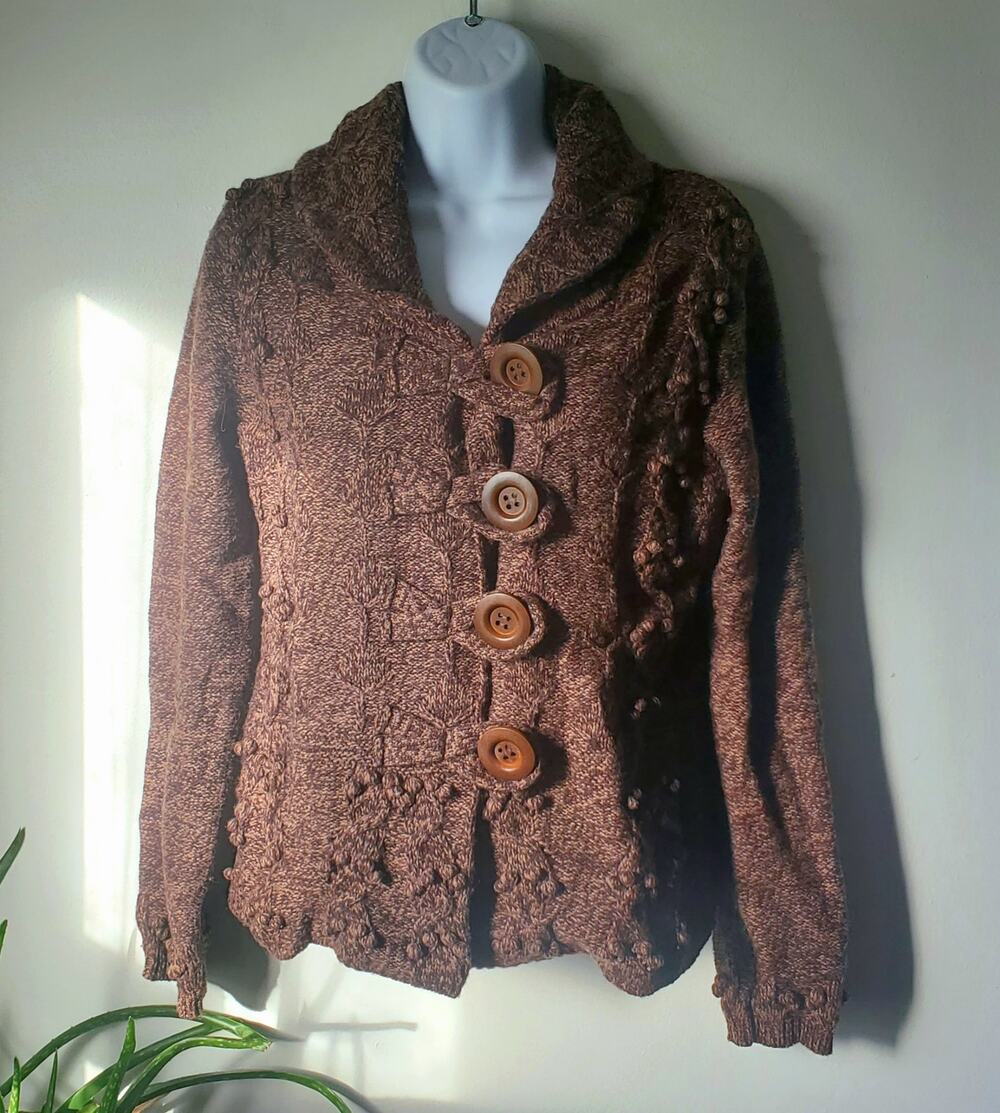 Chadwicks Brown Lambswool Collared Cardigan Sweater Size Small Hippie Earthy